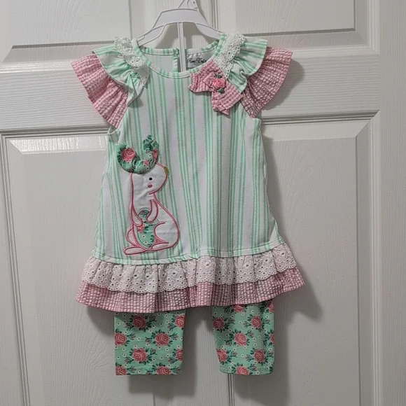 Rare Editions Pink and Green Striped/Floral Bunny Outfit - Picture 1 of 6